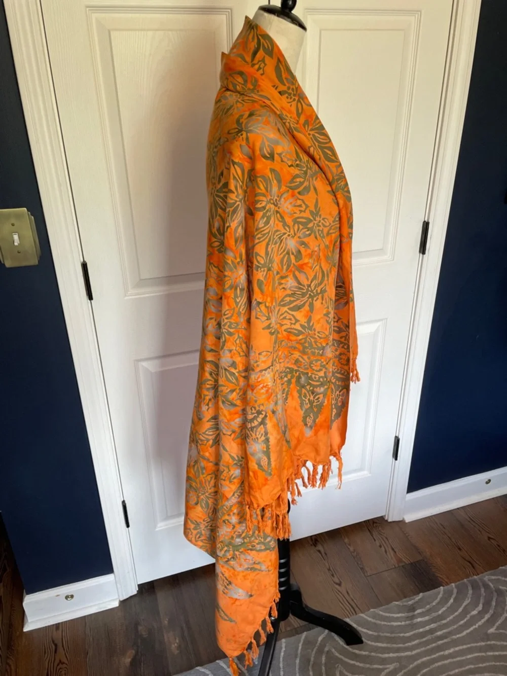 Vibrant Orange Floral Wrap Scarf Tasseled Batik Style‎ One Size